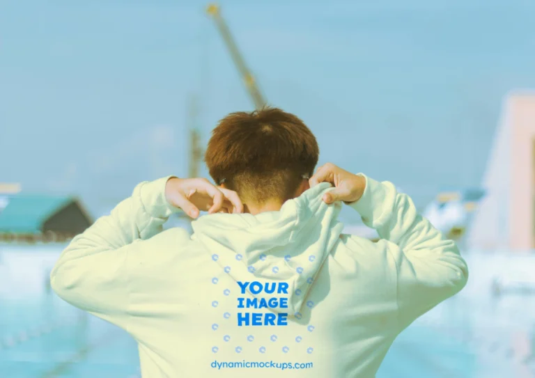 Man Wearing Cream Hoodie Mockup Back View Template