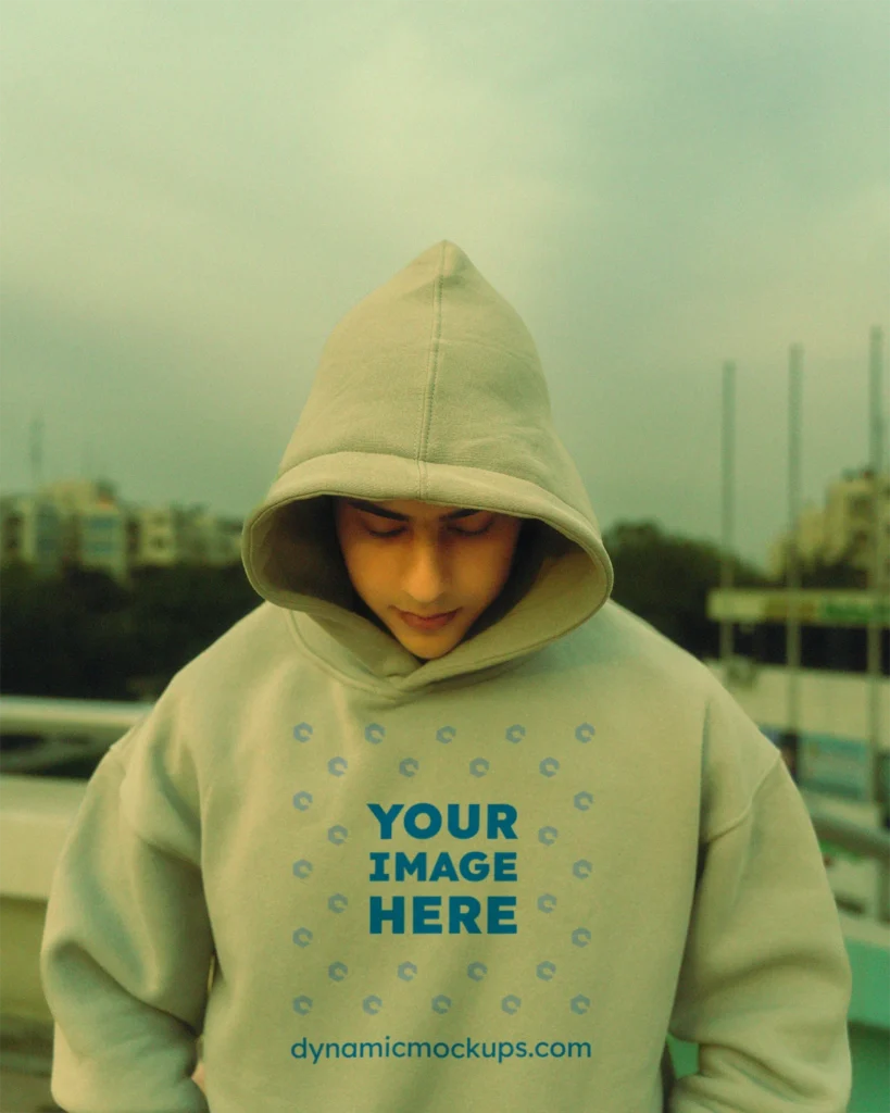 Man Wearing Cream Hoodie Mockup Front View Template