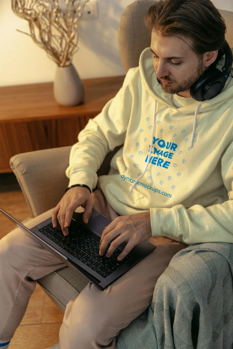 Man Wearing Cream Hoodie Mockup Front View Template