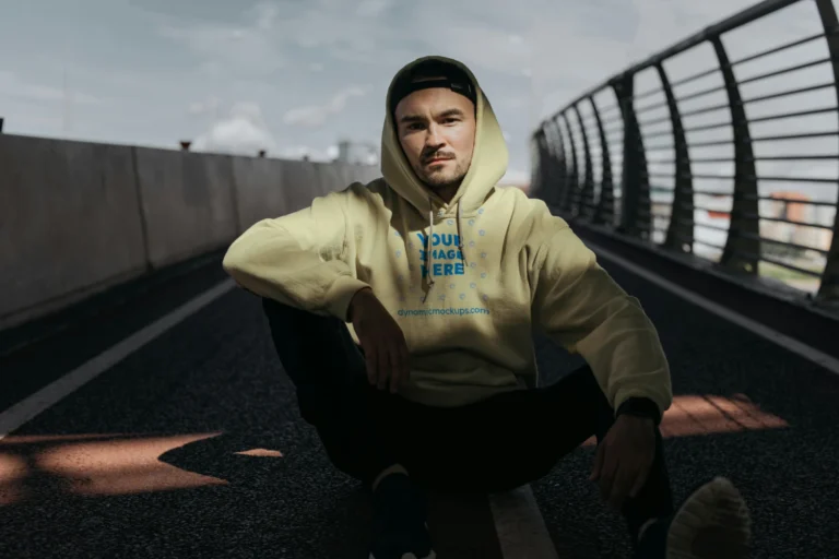 Man Wearing Cream Hoodie Mockup Front View Template