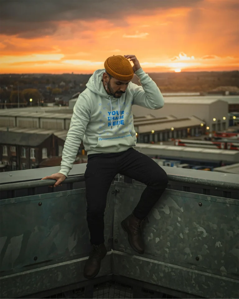 Man Wearing Cream Hoodie Mockup Front View Template