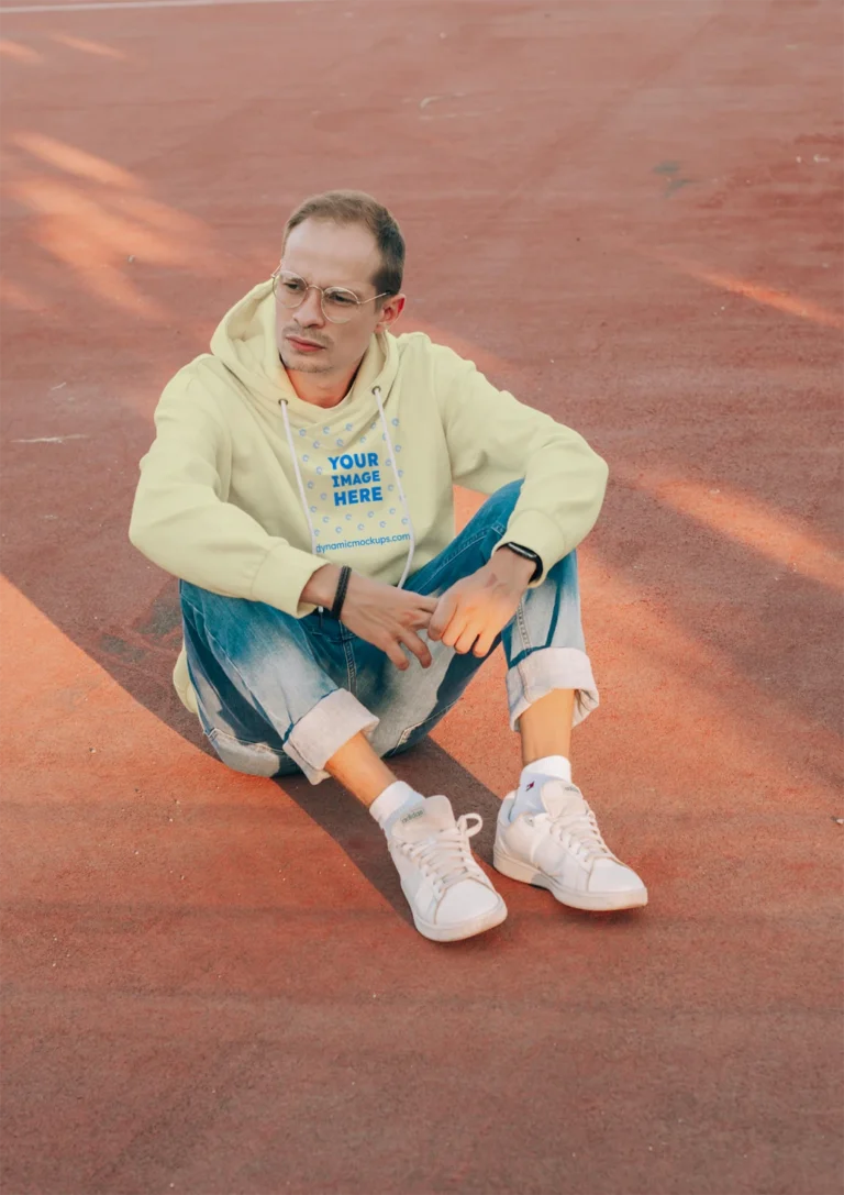 Man Wearing Cream Hoodie Mockup Front View Template
