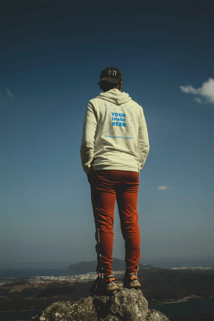 Man Wearing Cream Hoodie Mockup Back View Template