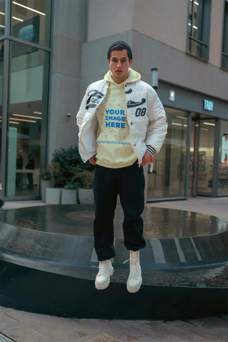 Man Wearing Cream Hoodie Mockup Front View Template
