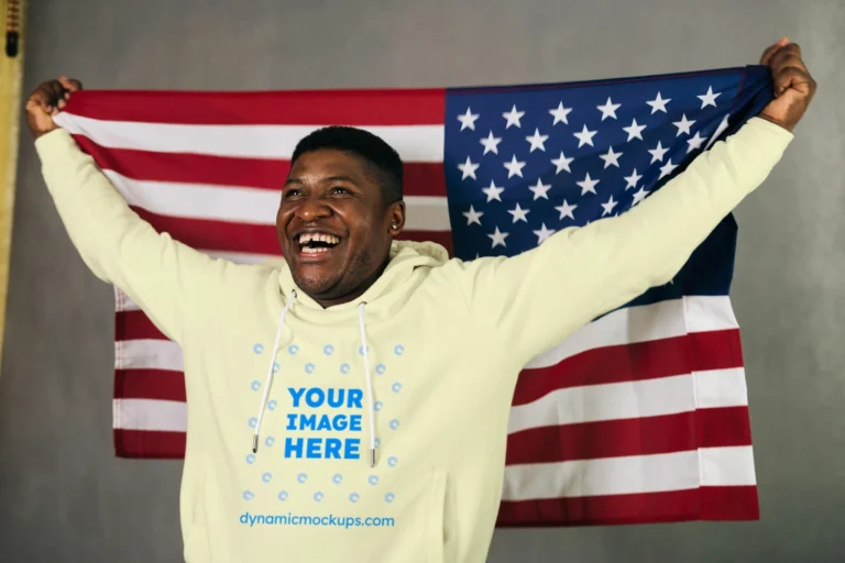 Man Wearing Cream Hoodie Mockup Front View Template