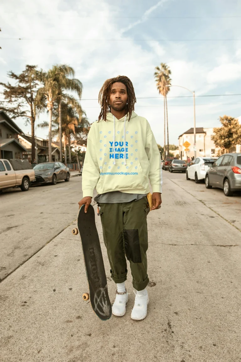 Man Wearing Cream Hoodie Mockup Front View Template