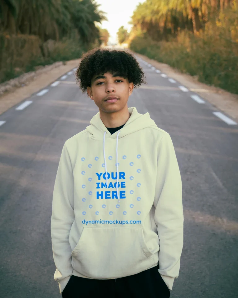 Man Wearing Cream Hoodie Mockup Front View Template