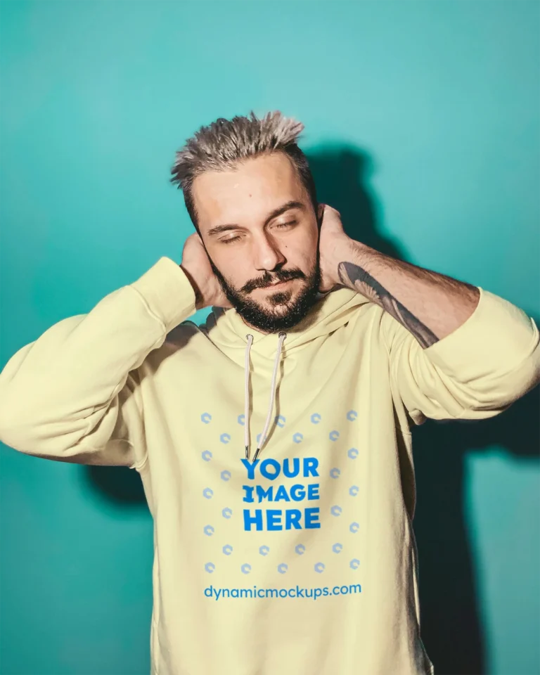 Man Wearing Cream Hoodie Mockup Front View Template
