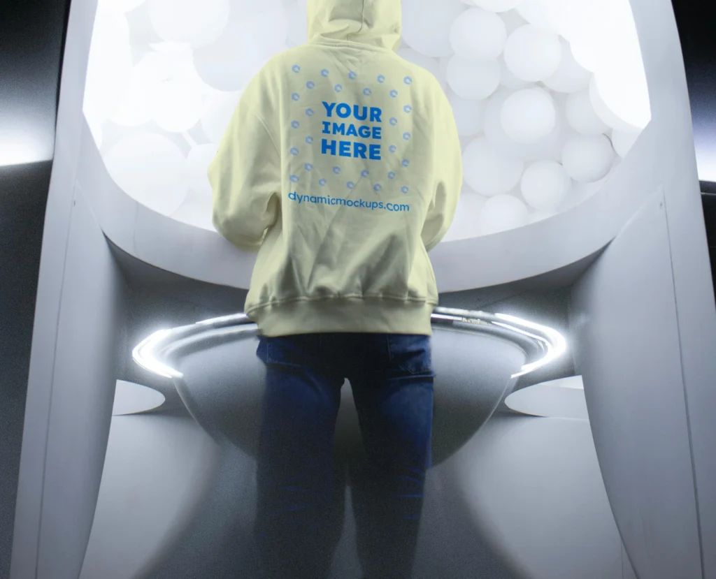 Man Wearing Cream Hoodie Mockup Back View Template