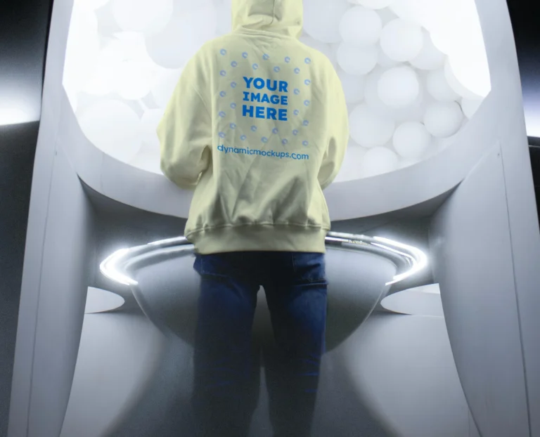 Man Wearing Cream Hoodie Mockup Back View Template