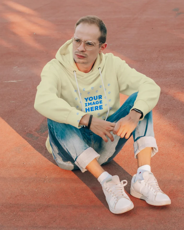 Man Wearing Cream Hoodie Mockup Front View Template