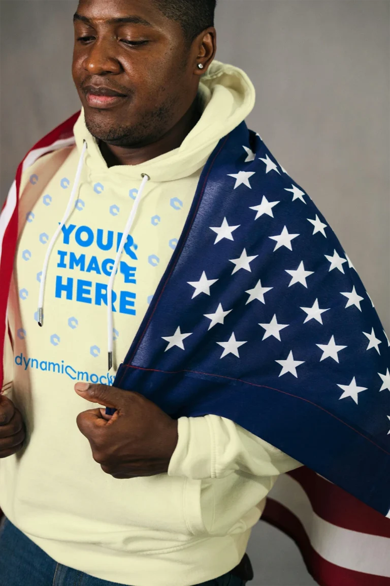 Man Wearing Cream Hoodie Mockup Front View Template