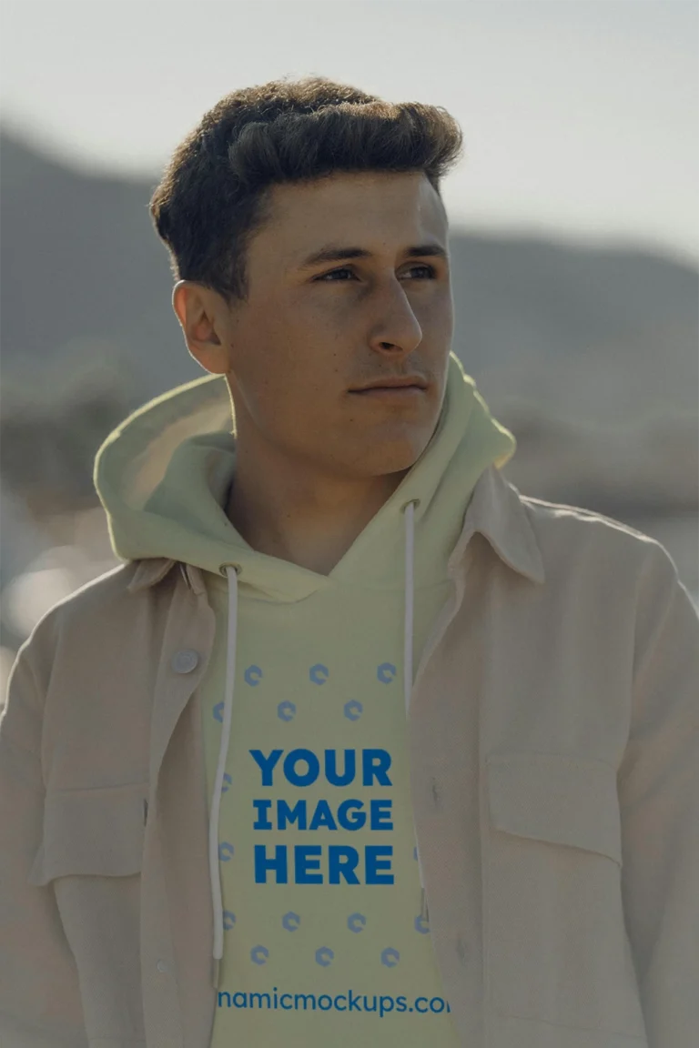 Man Wearing Cream Hoodie Mockup Front View Template