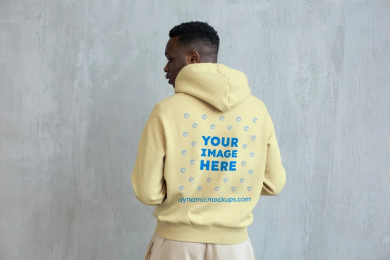 Man Wearing Cream Hoodie Mockup Back View Template
