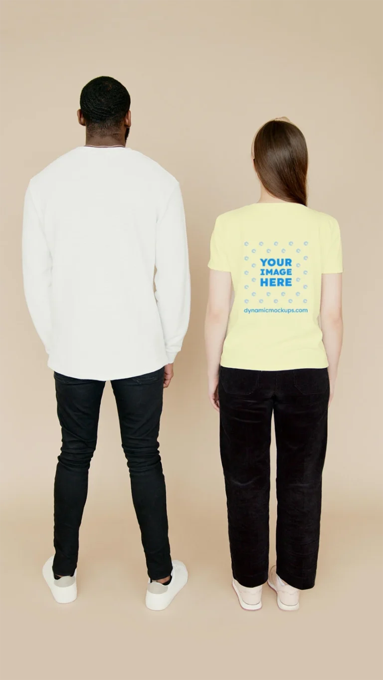 Man Wearing Cream T-shirt Mockup Back View Template