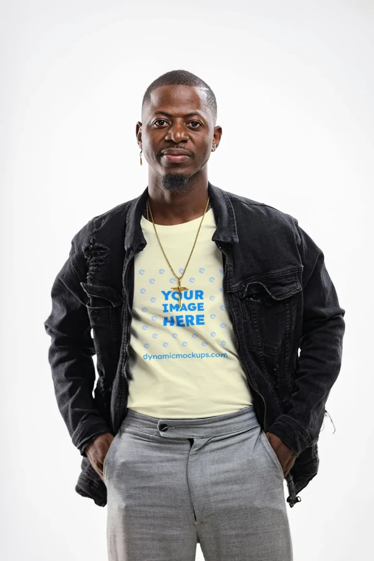 Man Wearing Cream T-shirt Mockup Front View Template