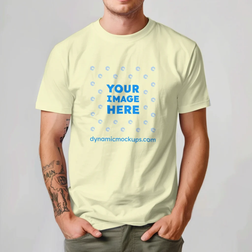 Man Wearing Cream T-shirt Mockup Front View Template