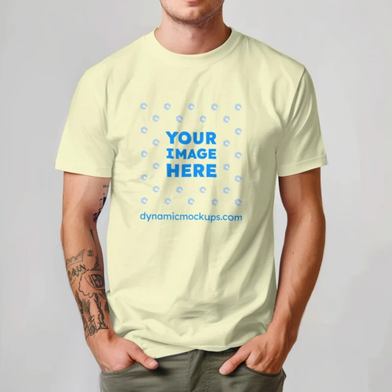 Man Wearing Cream T-shirt Mockup Front View Template