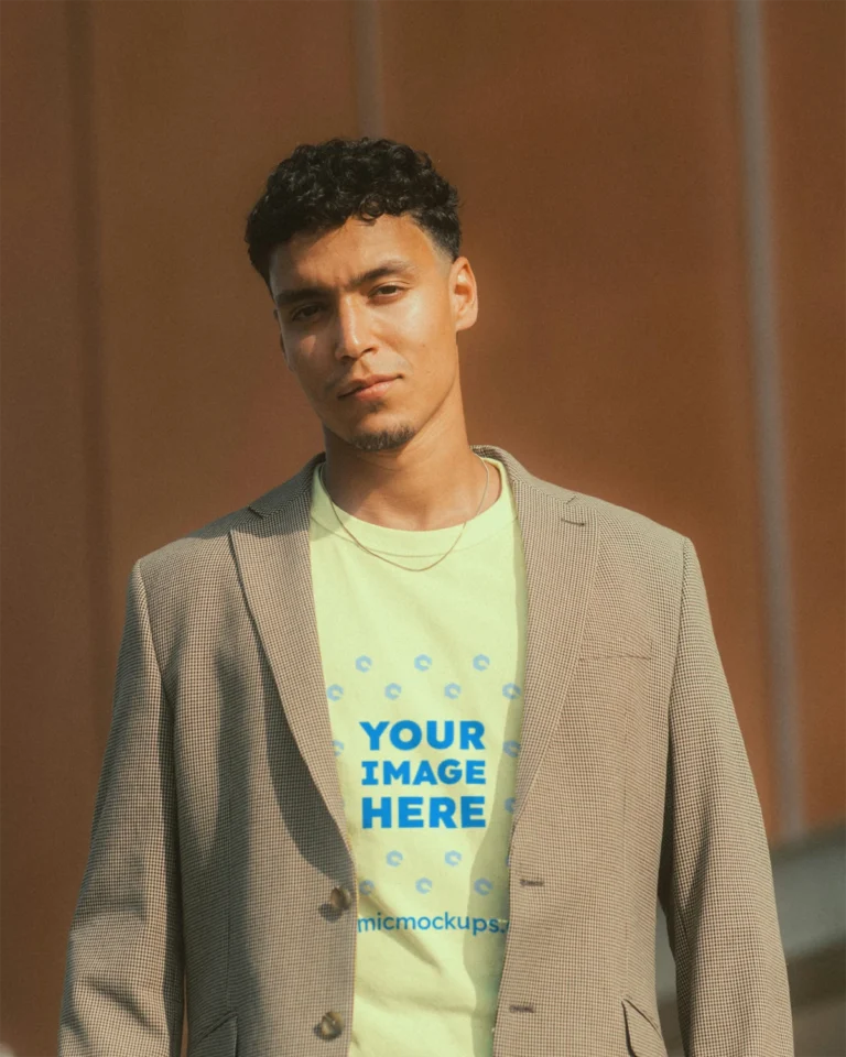 Man Wearing Cream T-shirt Mockup Front View Template