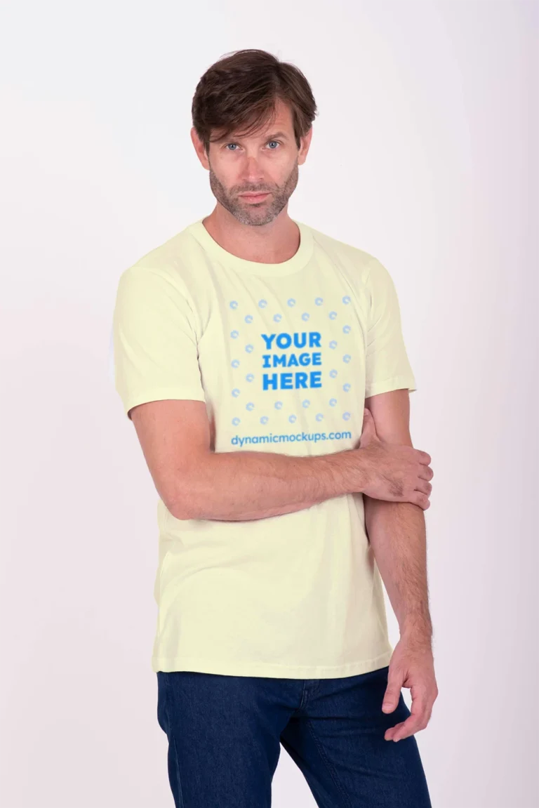 Man Wearing Cream T-shirt Mockup Front View Template