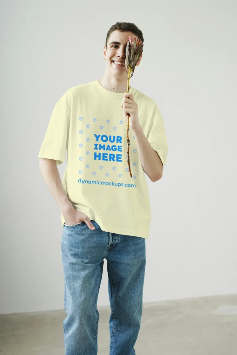 Man Wearing Cream T-shirt Mockup Front View Template