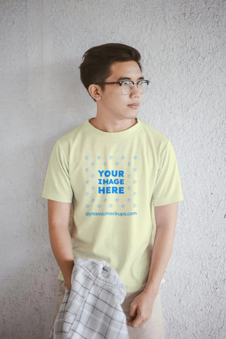 Man Wearing Cream T-shirt Mockup Front View Template