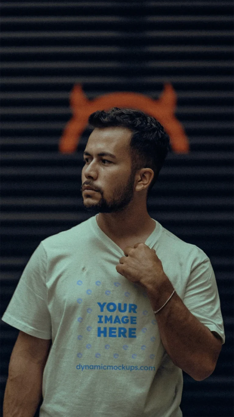 Man Wearing Cream T-shirt Mockup Front View Template