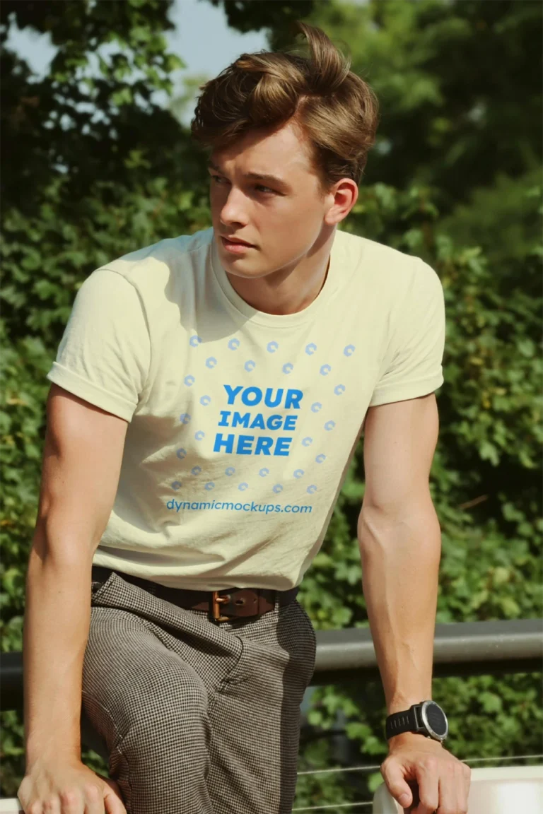 Man Wearing Cream T-shirt Mockup Front View Template