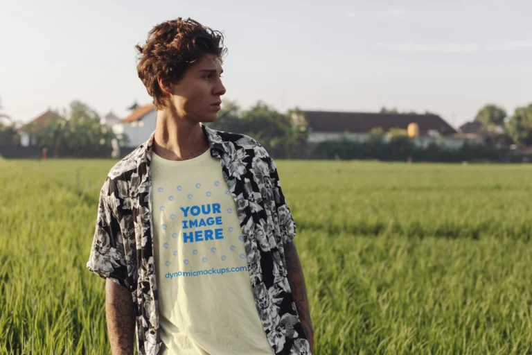 Man Wearing Cream T-shirt Mockup Front View Template