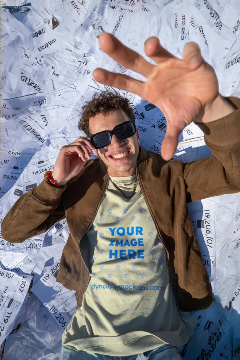 Man Wearing Cream T-shirt Mockup Front View Template