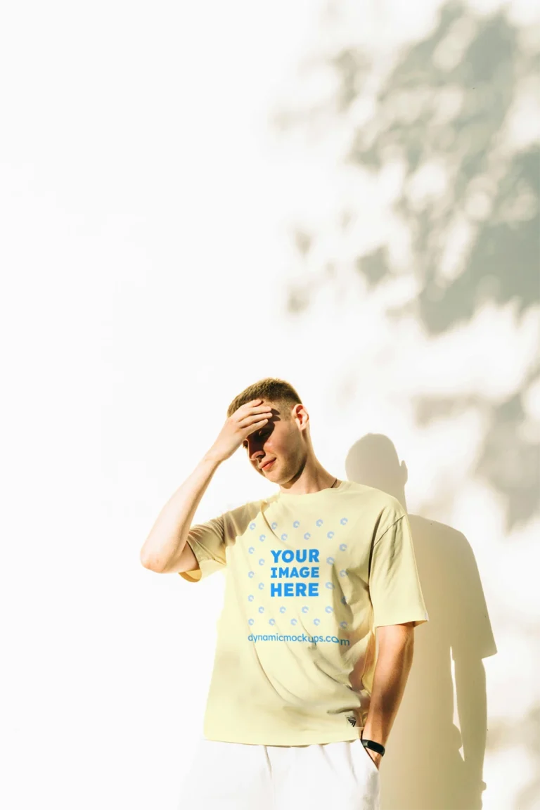 Man Wearing Cream T-shirt Mockup Front View Template