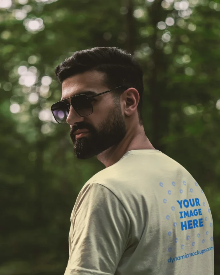 Man Wearing Cream T-shirt Mockup Back View Template