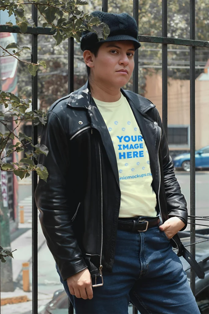 Man Wearing Cream T-shirt Mockup Front View Template