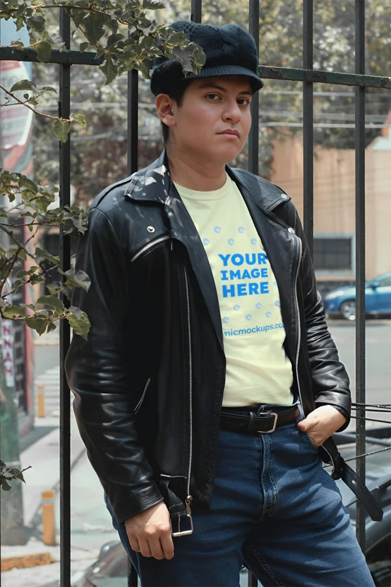 Man Wearing Cream T-shirt Mockup Front View Template