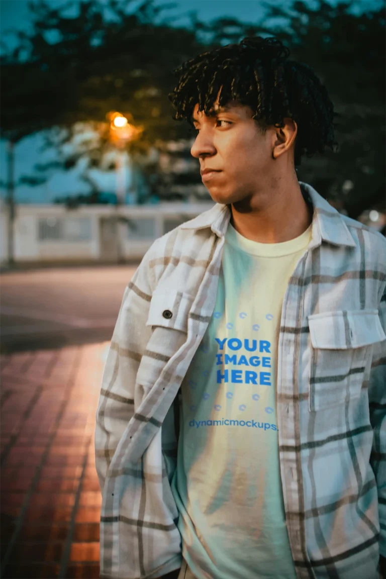 Man Wearing Cream T-shirt Mockup Front View Template