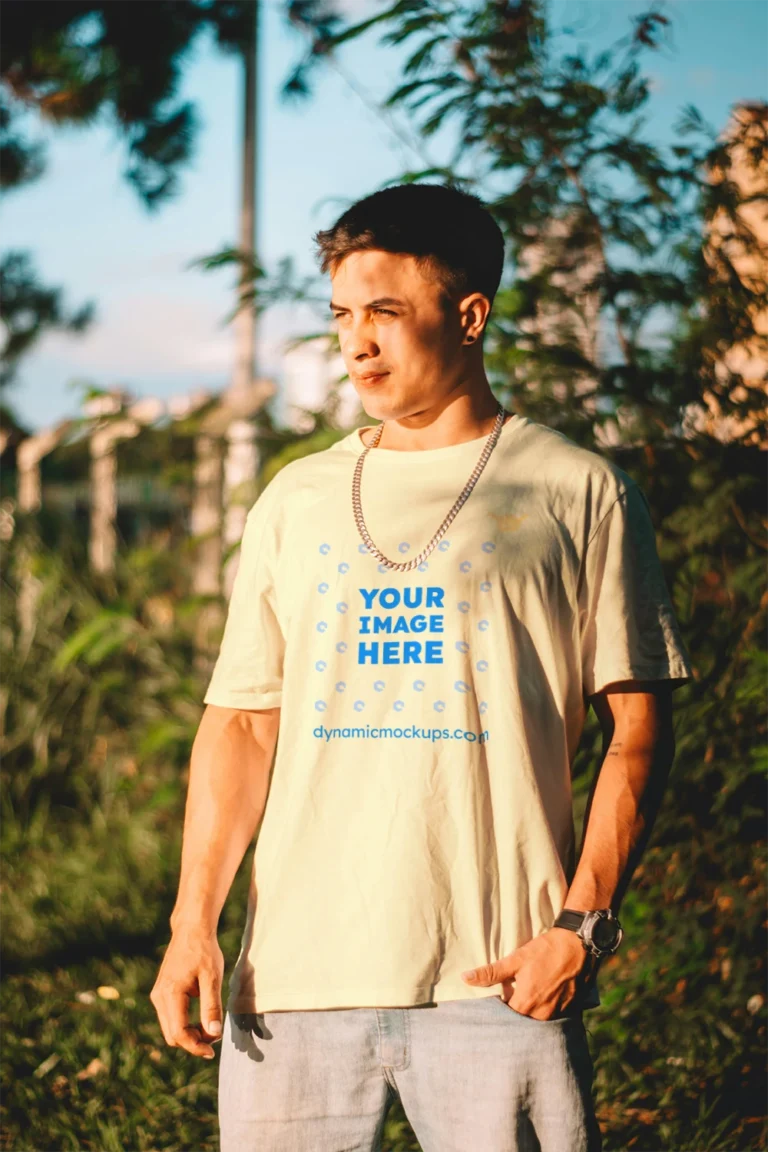 Man Wearing Cream T-shirt Mockup Front View Template