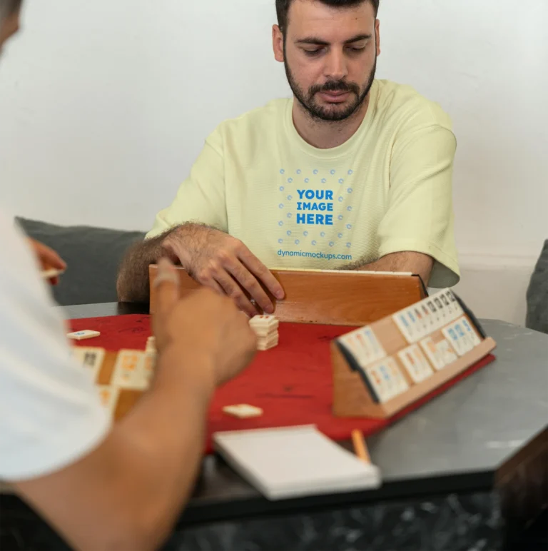 Man Wearing Cream T-shirt Mockup Front View Template