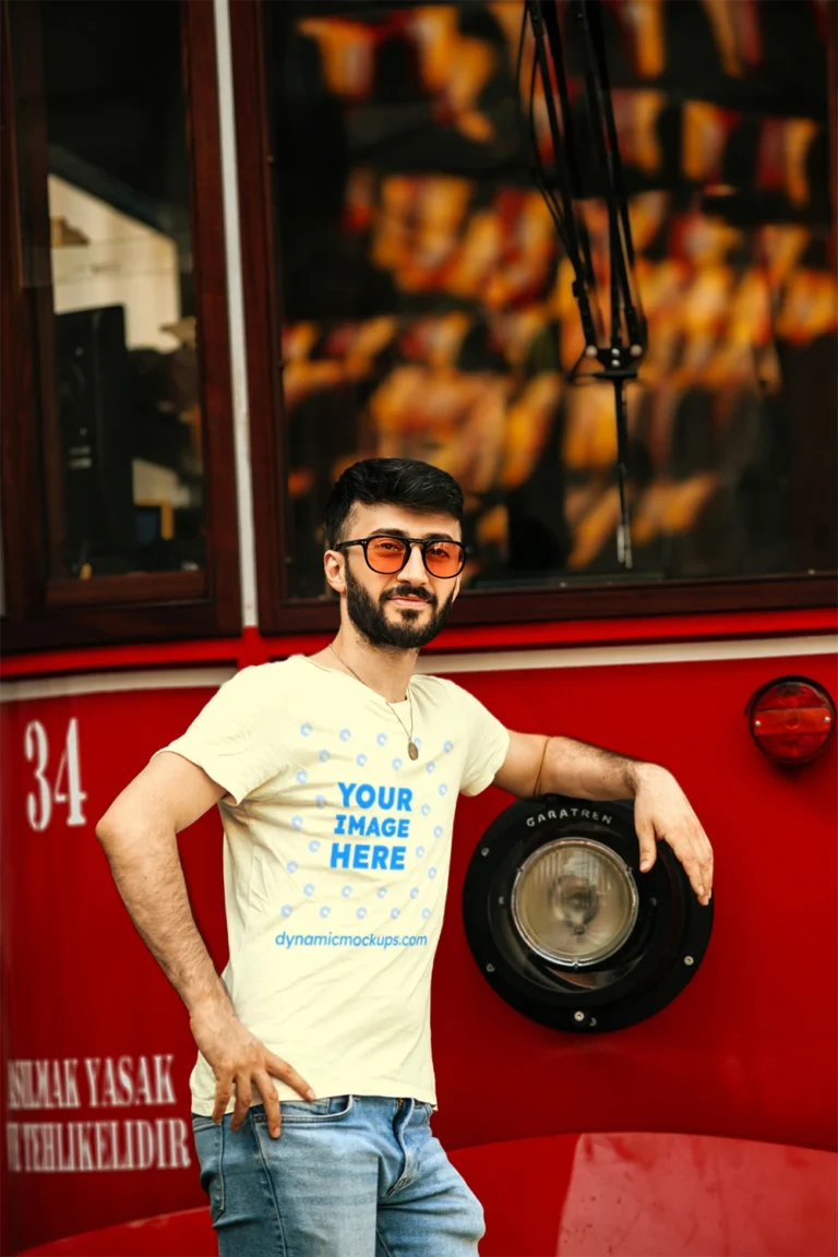 Man Wearing Cream T-shirt Mockup Front View Template