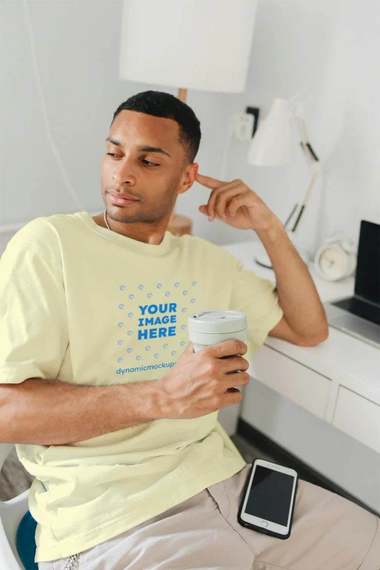 Man Wearing Cream T-shirt Mockup Front View Template
