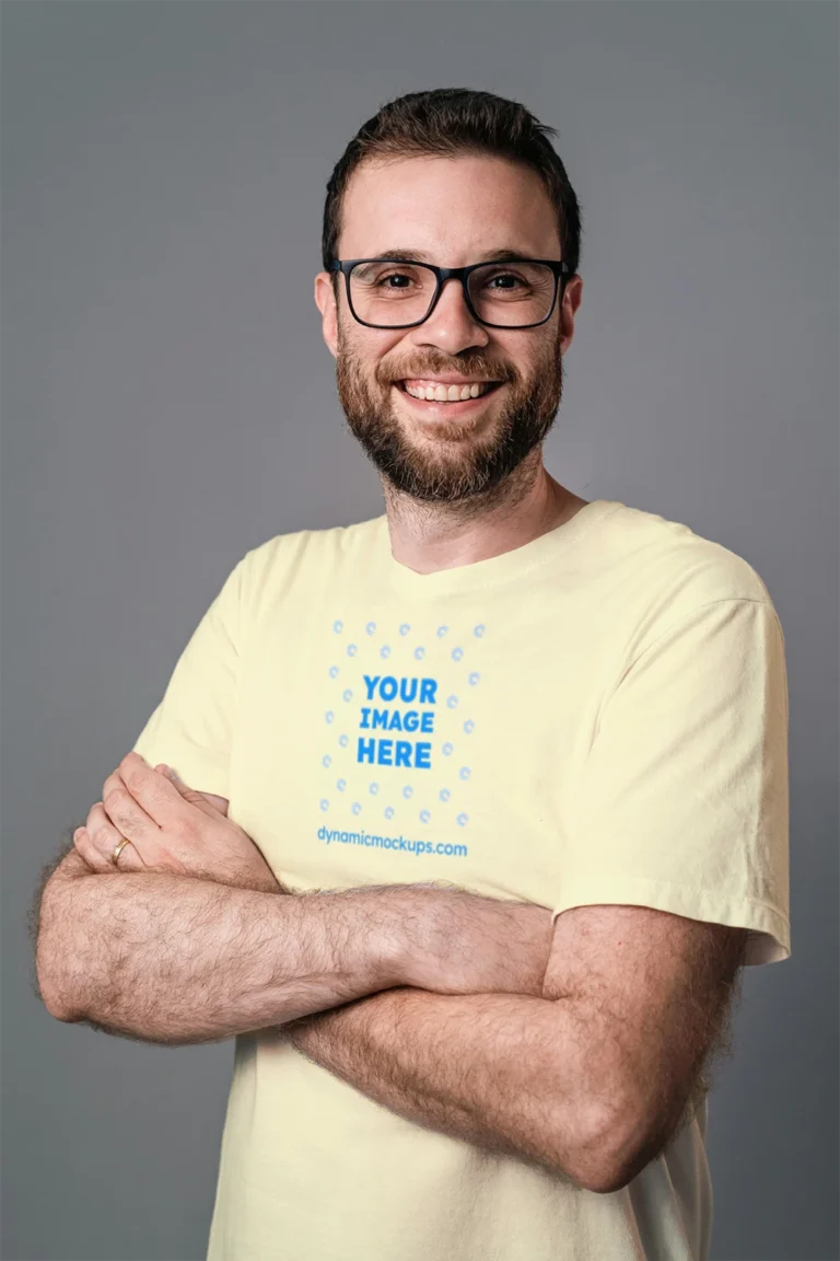 Man Wearing Cream T-shirt Mockup Front View Template