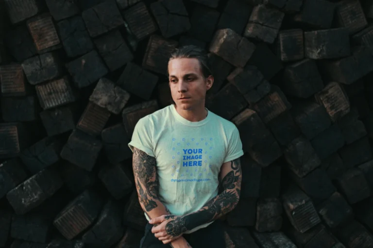 Man Wearing Cream T-shirt Mockup Front View Template