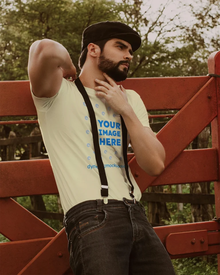 Man Wearing Cream T-shirt Mockup Front View Template