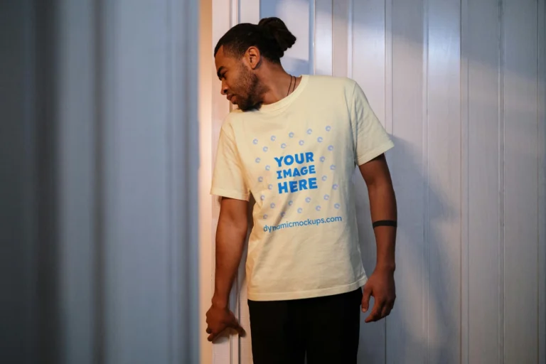 Man Wearing Cream T-shirt Mockup Front View Template