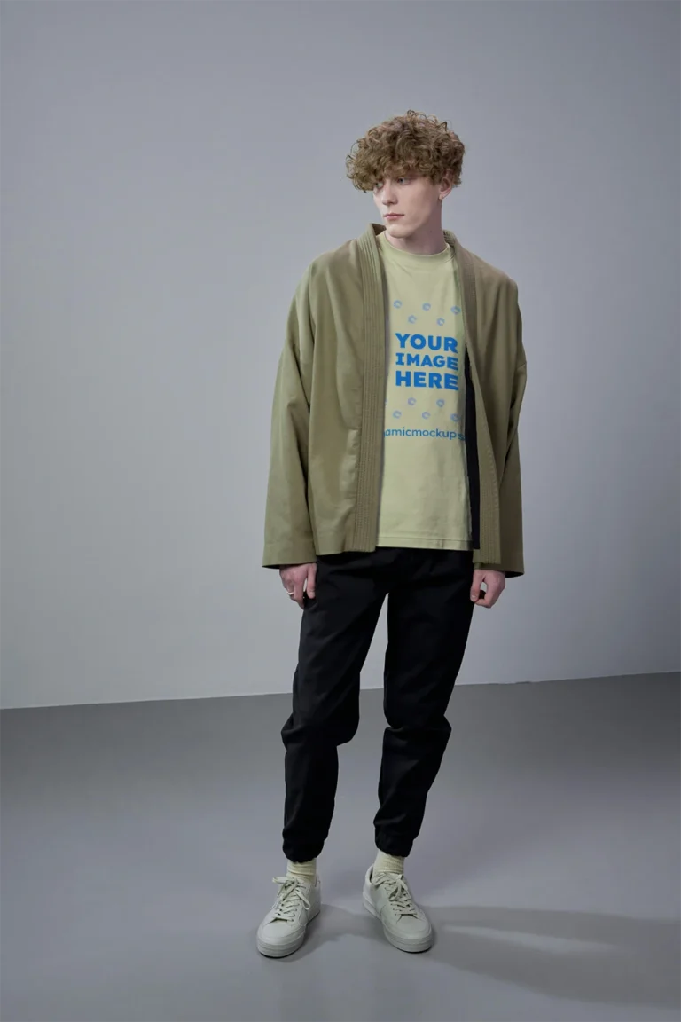 Man Wearing Cream T-shirt Mockup Front View Template
