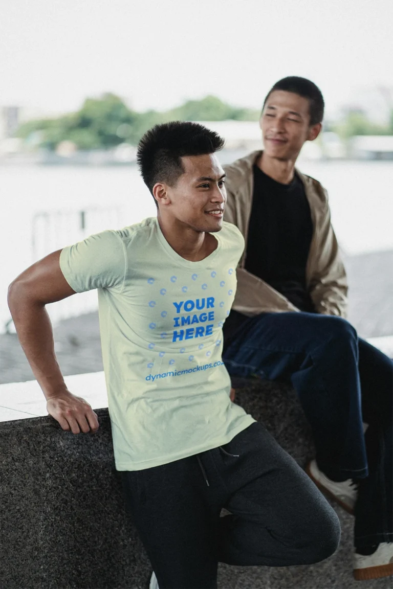 Man Wearing Cream T-shirt Mockup Front View Template