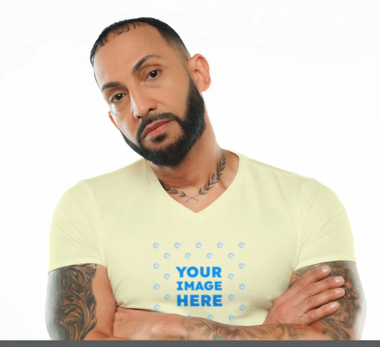 Man Wearing Cream T-shirt Mockup Front View Template