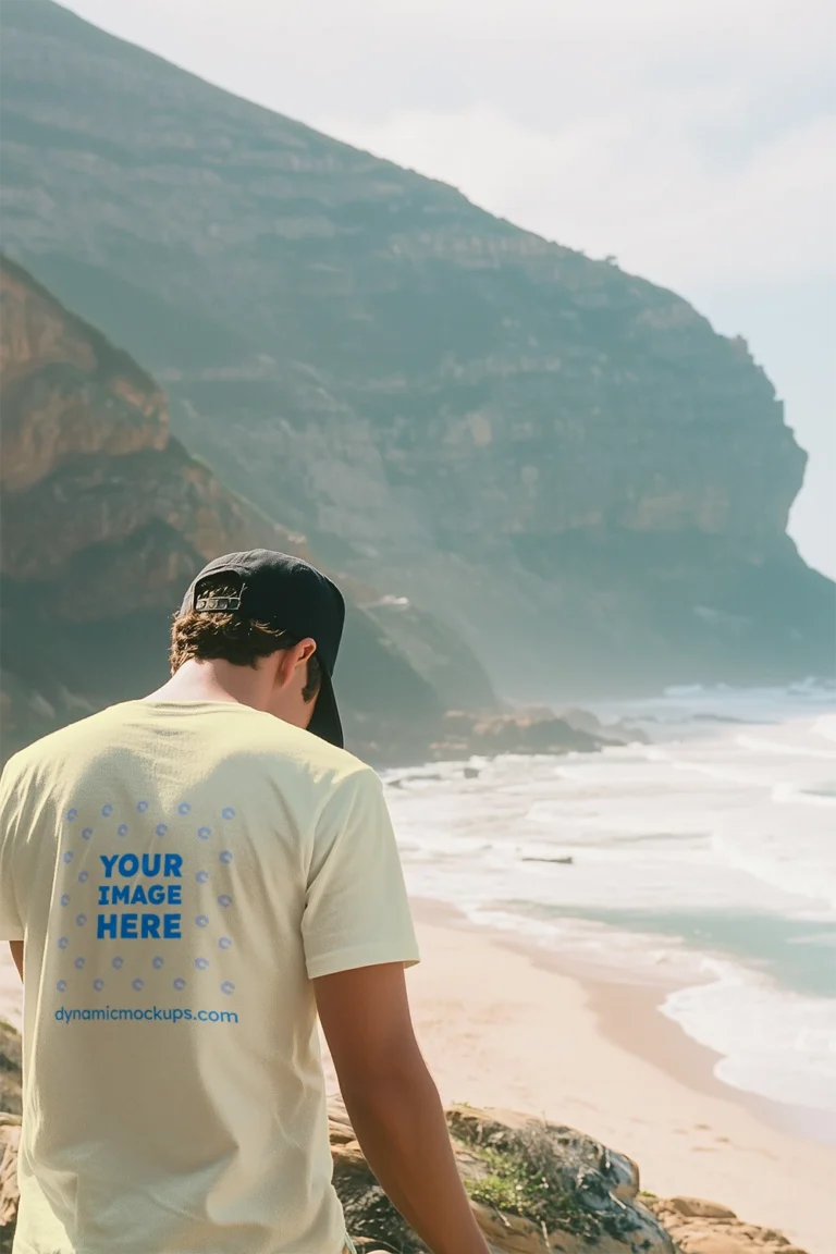 Man Wearing Cream T-shirt Mockup Back View Template