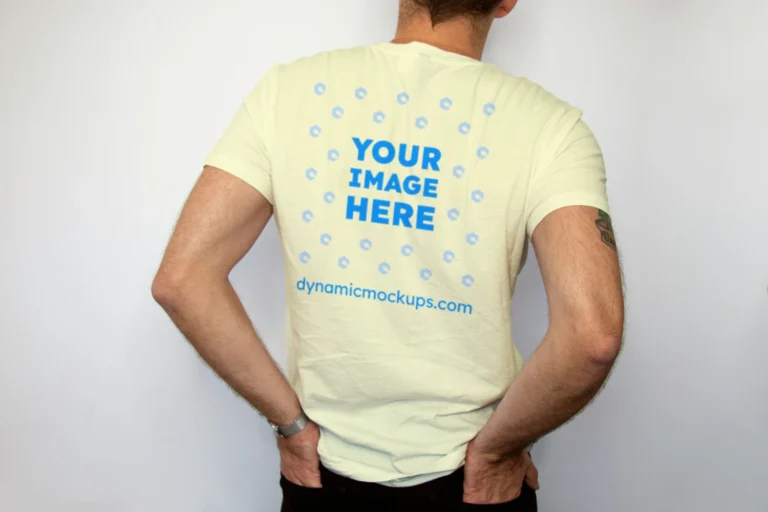 Man Wearing Cream T-shirt Mockup Back View Template