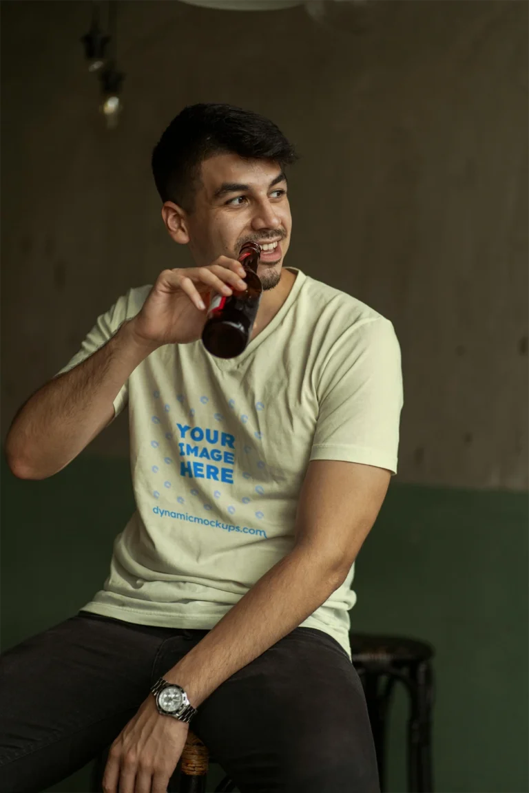 Man Wearing Cream T-shirt Mockup Front View Template