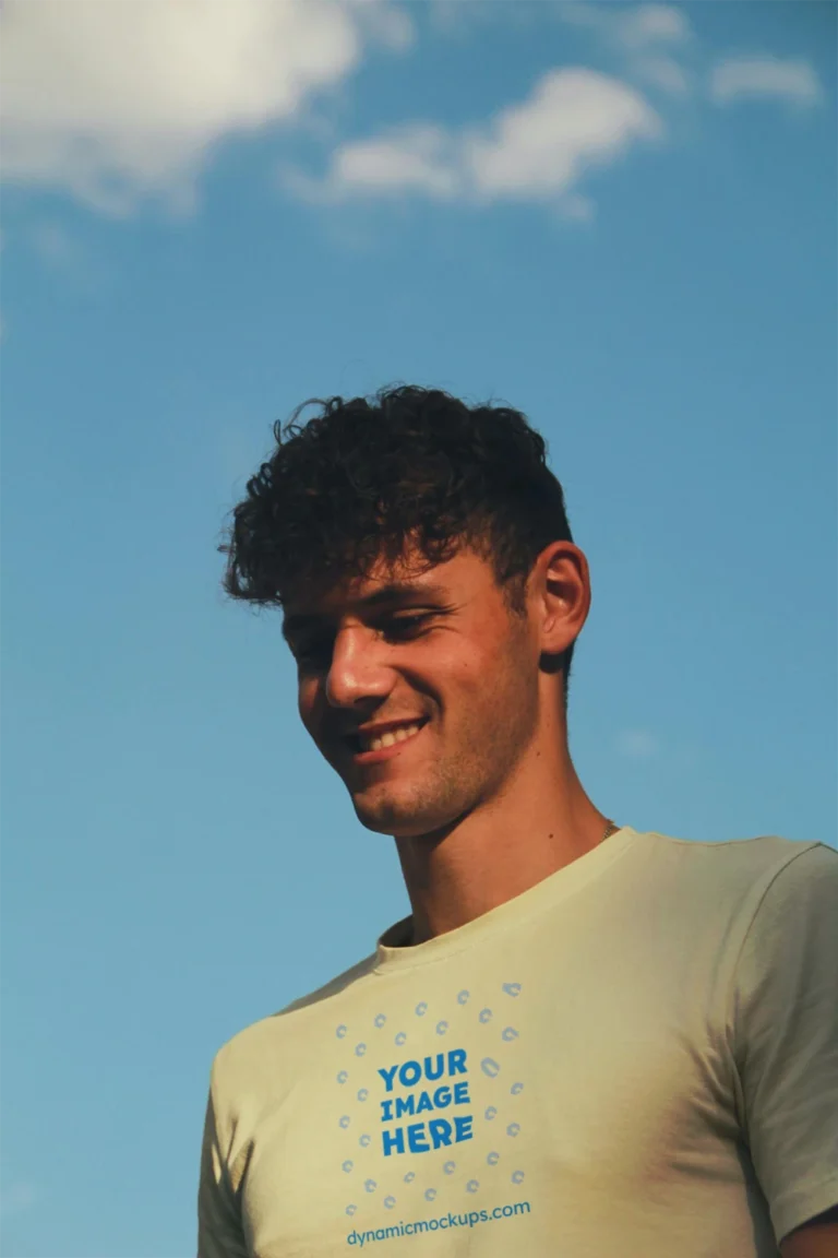 Man Wearing Cream T-shirt Mockup Front View Template